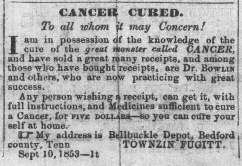 Cancer Cure Claim, Bell Buckle 1853